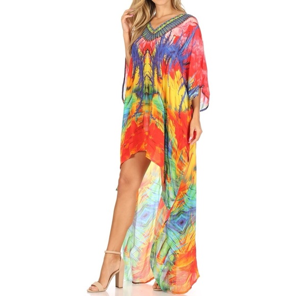 Sakkas Laisson Flowy Hi Low Caftan Rhinestone Boxy V Neck Dress Top Cover / Up - Picture 4 of 13